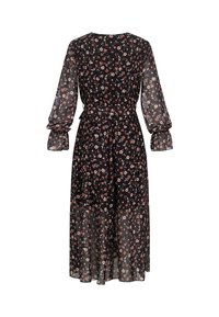 Svart blomstermaksikjole med lange transparente ermer, med en tettsittende midje og flytende skjørt, dekorert med små rosa og hvite blomster.