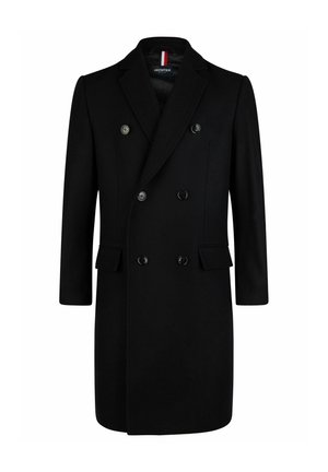 Manteau pour homme noir croisé à six boutons, avec des revers à cran, des poches à rabat et un détail de sangle intérieure rouge-blanc-noir.