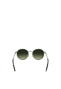 Okrągłe okulary przeciwsłoneczne z gradientowymi ciemnozielonymi soczewkami, metalową oprawą i ramionami w wzór żółwia. W zestawie regulowane poduszki nosowe.