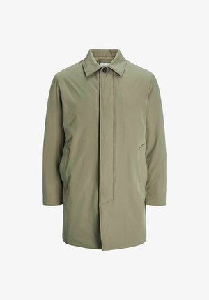 Olive green, mid-length coat with a classic collar, button closure, and side pockets. Smooth, matte texture with a minimalist design.