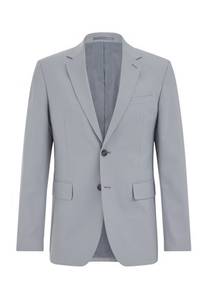 Sacou bărbătesc gri deschis cu revera cu crestătură, două nasturi frontali, buzunare cu clapetă și un buzunar la piept, afișat pe un fundal alb.