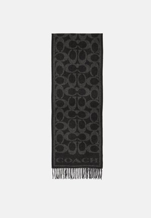 Écharpe tissée gris foncé et noir avec un motif ovale répétitif et le logo "COACH" en bas, finie par des bords frangés.