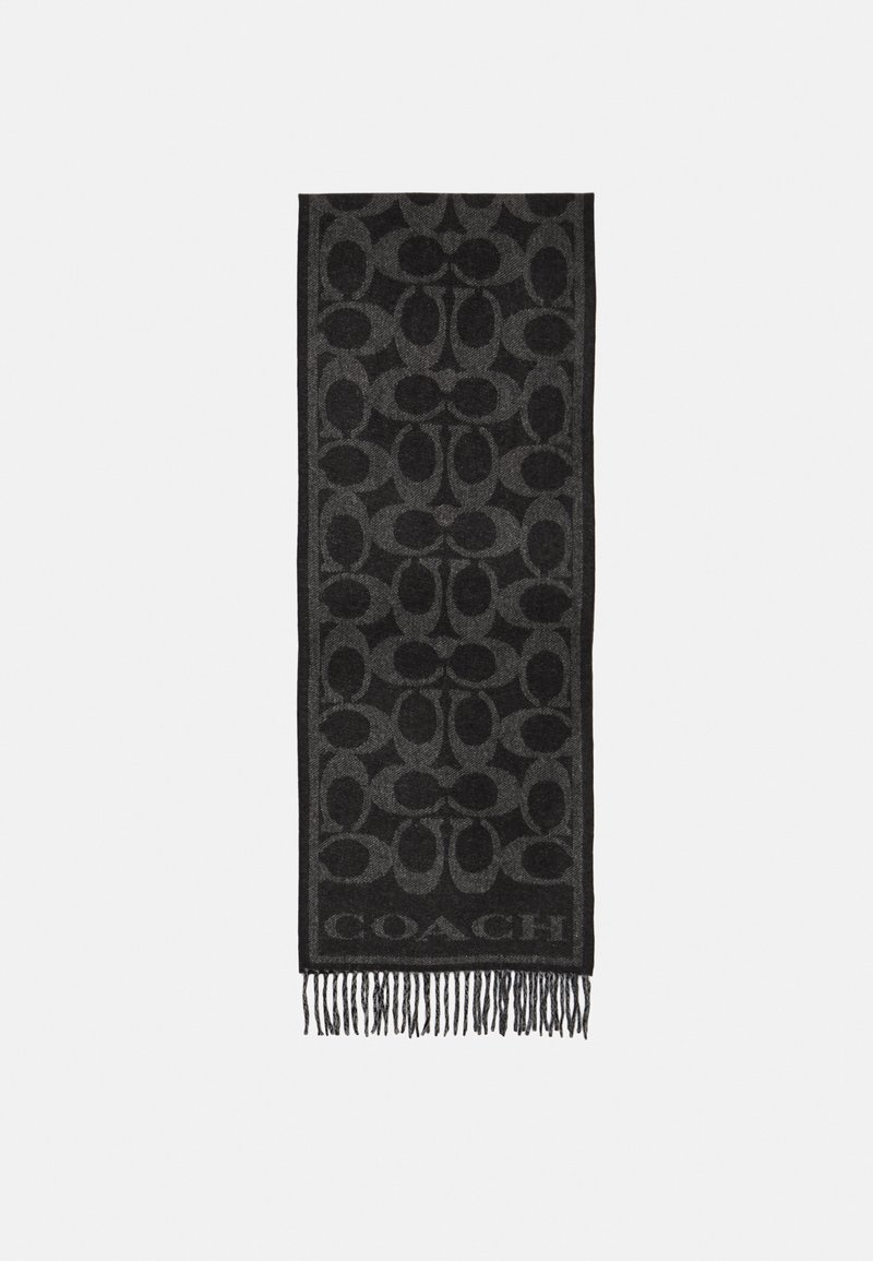 Écharpe tissée gris foncé et noir avec un motif ovale répétitif et le logo "COACH" en bas, finie par des bords frangés.