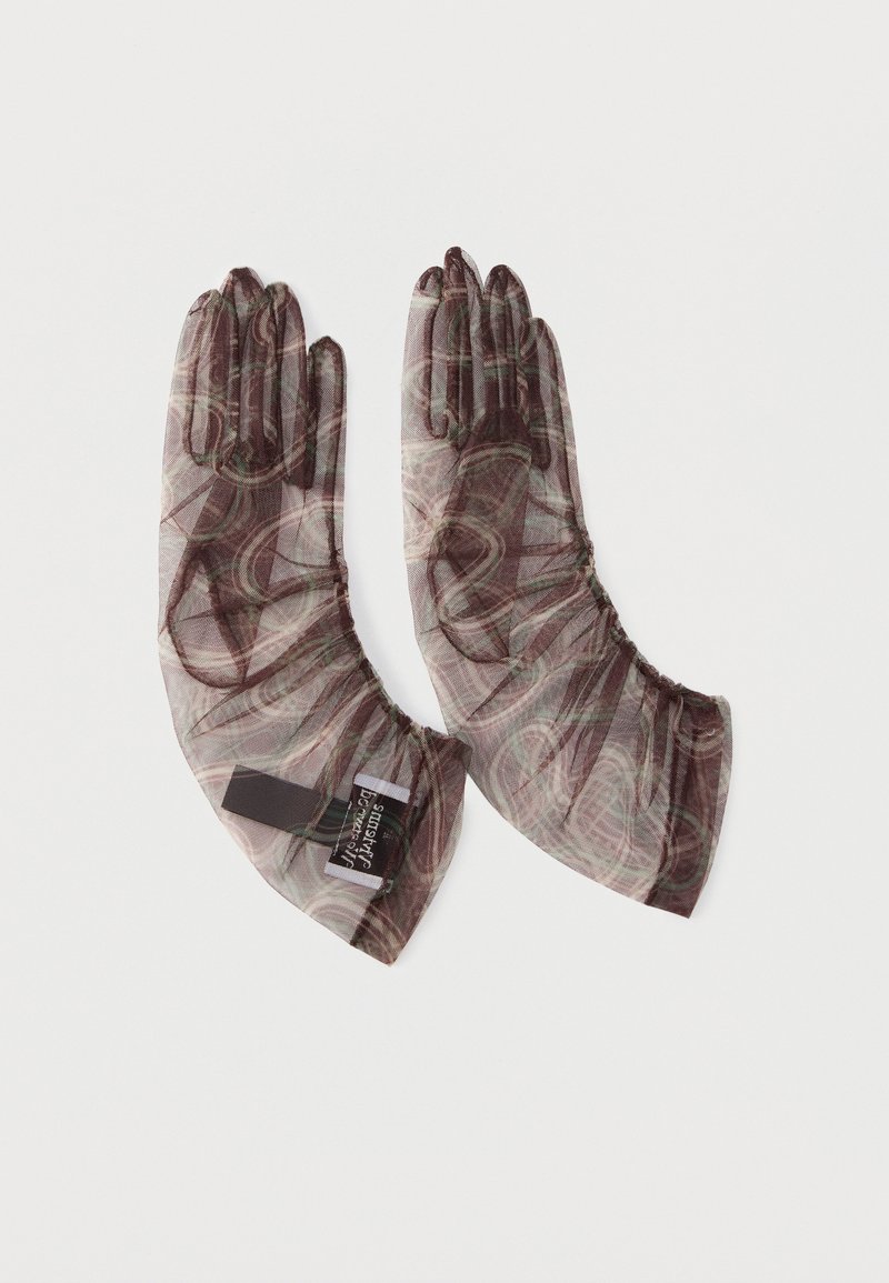 Guanti in rete trasparente con motivi astratti marroni a vortice e polsini elasticizzati, distesi con le dita aperte.