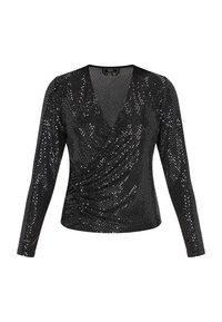 Schwarze Bluse mit langen Ärmeln und tiefem V-Ausschnitt, mit einer gerafften Optik und bedeckt mit Pailletten, die eine glänzende Textur und reflektierende Oberfläche erzeugen.