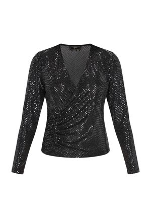 Blusa nera a maniche lunghe con scollatura a V profonda, caratterizzata da un design arricciato e coperta di paillettes, creando una texture lucida e una superficie riflettente.
