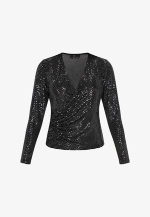 Black long-sleeve blouse with a deep V-neck, featuring a ruched design and covered in sequins, creating a glossy texture and reflective surface.