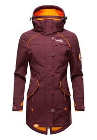 Maroon soft shell jacket with orange accents, high collar, multiple pockets, and button closures. Smooth texture with embroidered logo detail.