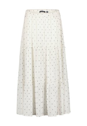 Witte gelaagde rok met marineblauw bloemenpatroon, lichtgewicht geplooide stof, elastische tailleband en een vloeiende vorm.