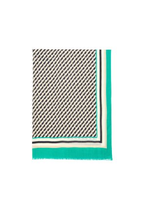 Seidenschal mit diagonalem Muster in Marineblau und Creme, umrandet von grün, schwarz und weiß. Die Ränder sind fransig für einen texturierten Effekt.