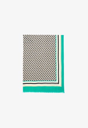 Silk scarf featuring a diagonal pattern in navy and cream with green, black, and white borders. Edges are fringed for texture.