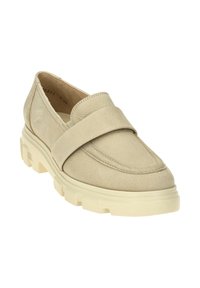 Beige leather loafer with a textured finish, featuring a wide strap across the upper, and a chunky, ridged sole.