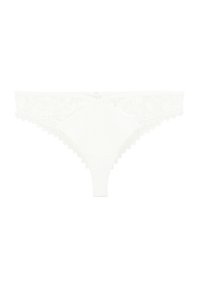 String en dentelle blanche avec des bords festonnés, fabriqué dans un mélange de tissus doux. L'avant est uni, tandis que le dos présente une dentelle à motif.