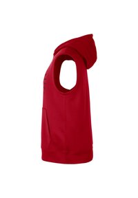 Manta sem mangas vermelha feita de mistura de algodão, com um grande capuz, bolso tipo canguru e costuras laterais. Gráficos em texto na frente.