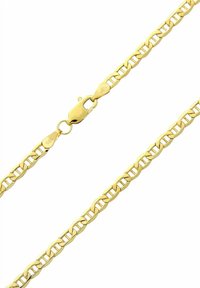 Collana a catena d'oro con chiusura, con maglie alternate ovali e rettangolari, texture liscia e finitura lucida.