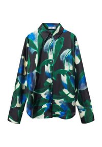 Camicia a maniche lunghe con colletto a punta, caratterizzata da un motivo floreale astratto verde, blu e bianco su uno sfondo scuro.