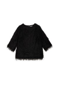 Čierny huňatý top s dlhými rukávmi, okrúhlym výstrihom a štruktúrovaným, chlpatým povrchom. Obsahuje diskrétny zips na zadnej strane.