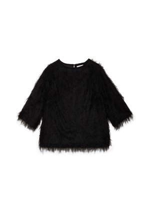 Crna plišana bluza s dugim rukavima, okruglim izrezom i teksturiranim, šagastim vanjskim dijelom. Ima diskretan zatvarač na leđima.