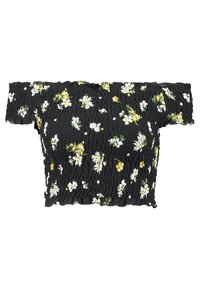 Černý krájený top s designem bez ramínek, texturovaná látka a barevný květinový vzor v bílé a žluté barvě po celém povrchu.