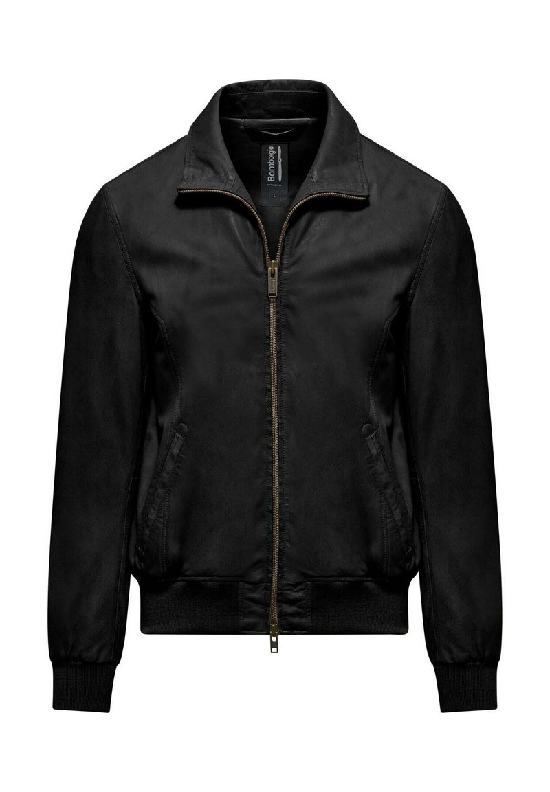 Giacca bomber nera con zip frontale, polsini e orlo a coste. Presenta tasche laterali e una texture liscia e opaca.