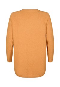 Oranžový pletený svetr s volným střihem, který má dlouhé rukávy a oválný výstřih. Textura je měkká s mírně chumlavou úpravou.