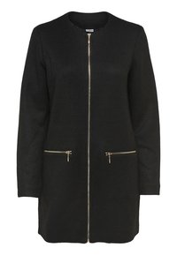 Svart lång jacka med stickad struktur, central gulddragkedja och två framfickor med dragkedja. Rund halsringning med enkel design.