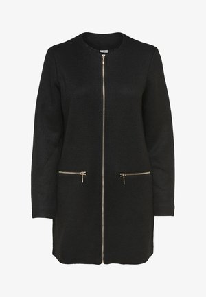 Svart lång jacka med stickad struktur, central gulddragkedja och två framfickor med dragkedja. Rund halsringning med enkel design.