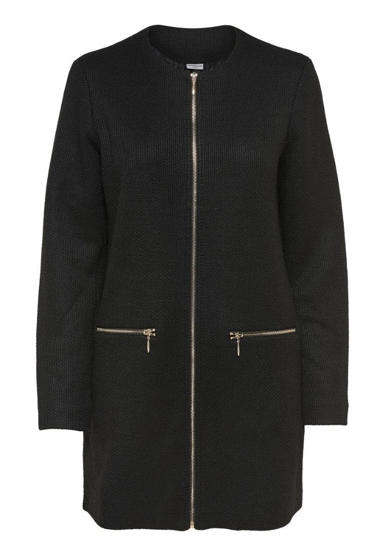Svart lång jacka med stickad struktur, central gulddragkedja och två framfickor med dragkedja. Rund halsringning med enkel design.