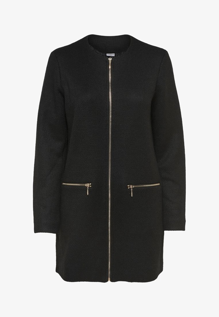 Svart lång jacka med stickad struktur, central gulddragkedja och två framfickor med dragkedja. Rund halsringning med enkel design.