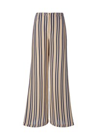Wijd-uitlopende broek van een lichtgewicht stof, met verticale beige en marineblauwe strepen. Voorzien van een elastische tailleband en geen zichtbare bevestigingsmiddelen.