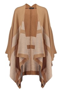 Beige gebreide poncho met open voorkant, voorzien van een geometrisch patroon in lichtere en donkerdere beige tinten. Zachte textuur, met een vloeiende pasvorm.