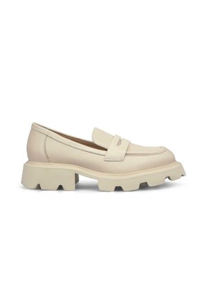 Beige Lederloafer mit runder Zehenpartie und dicker, strukturierter Sohle. Mit einem dekorativen Riemen über dem Fußbereich und gestickten Details.