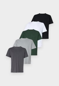 Five cotton T-shirts displayed in a row: colors include black, white, dark green, light gray, and dark gray; short sleeves, crew neck design.