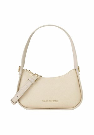 Sac à épaule beige Valentino avec corps en tissu texturé, bandoulière réglable, boucle dorée et fermeture zippée sur le dessus.