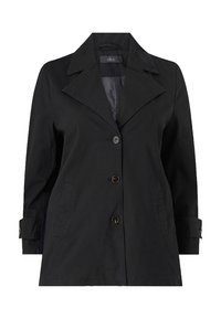 Zwarte trenchcoat met brede kraag, enkele knoopsluiting en zijzakken. Gemaakt van gladde stof met opgerolde manchetten.