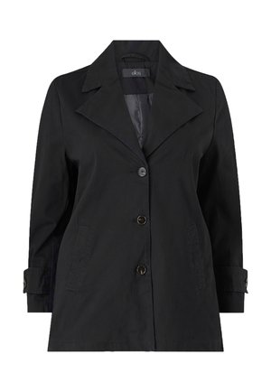 Sort trenchcoat med bred krave, enkelt knaplukning og sidelommer. Fremstillet af glat stof med opskruede manchetter.