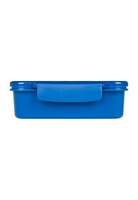 Contenitore di stoccaggio rettangolare blu con coperchio, dotato di una superficie liscia e di un manico ergonomico, realizzato in plastica resistente.