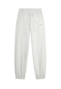 Pantalons de jogger gris clair avec une taille élastique, poches latérales et poignets élastiques ; présente un petit logo près de la taille.