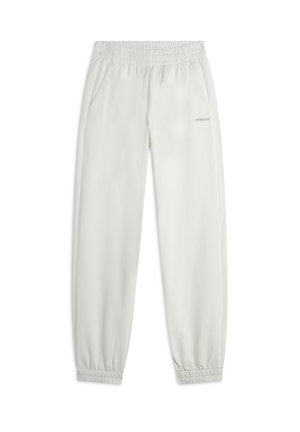 Pantaloni jogger grigio chiaro con cintura elastica, tasche laterali e polsini elasticizzati; presenta un piccolo logo vicino alla vita.