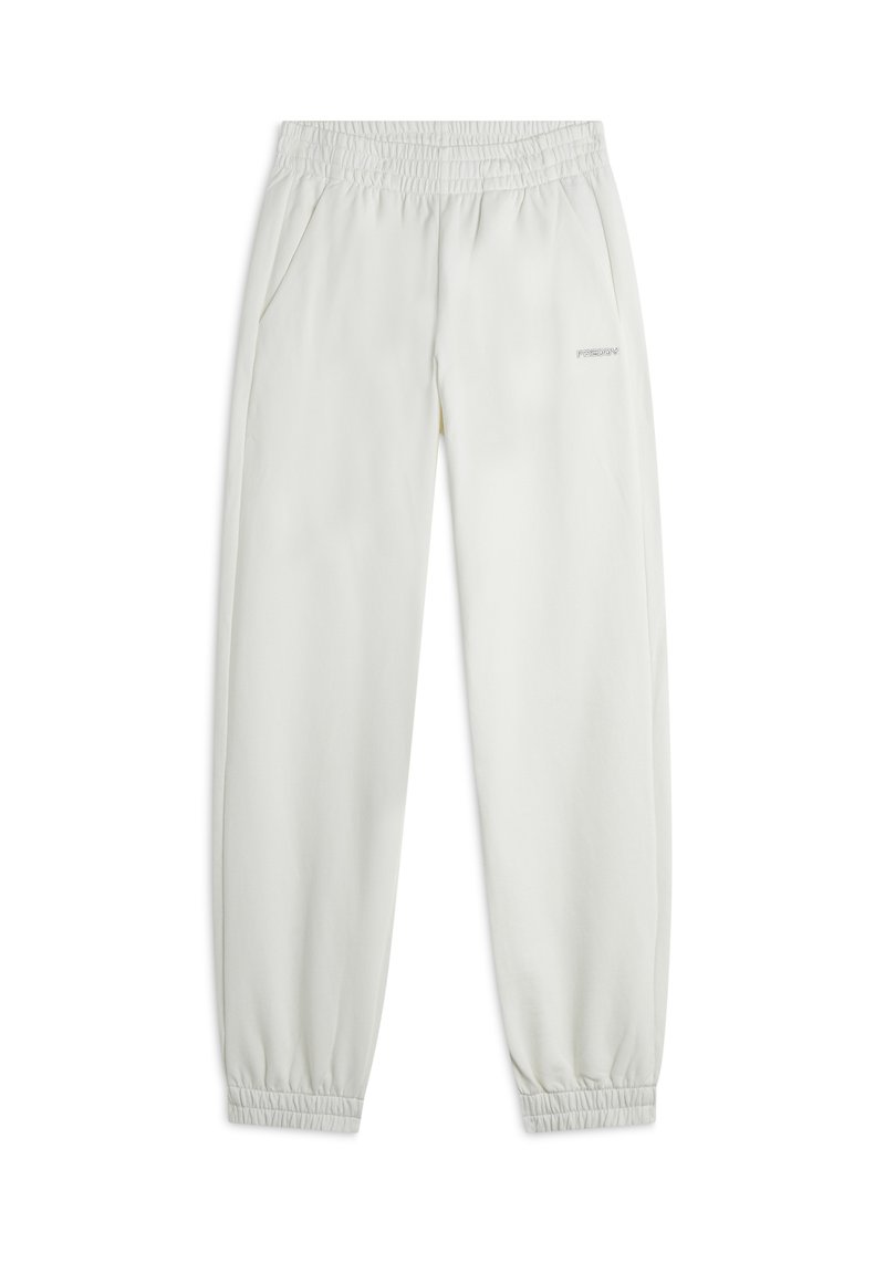Pantalons de jogger gris clair avec une taille élastique, poches latérales et poignets élastiques ; présente un petit logo près de la taille.