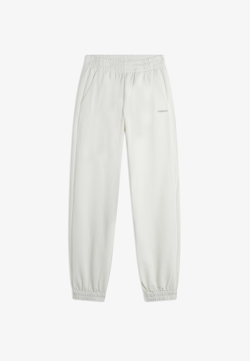 Pantaloni jogger grigio chiaro con cintura elastica, tasche laterali e polsini elasticizzati; presenta un piccolo logo vicino alla vita.