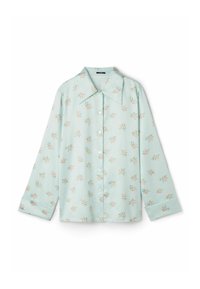 Hellgrüne Bluse mit großem Kragen, langen Ärmeln und Knopfverschluss. Hat ein florales Muster in Pink und Grün. Aus glattem, leichtem Stoff.