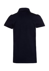 Marineblauwe polo met korte mouwen en een klassieke kraag, met een gladde katoen textuur en een schoon, minimalistisch ontwerp.