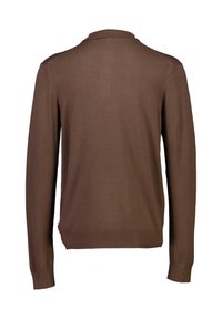 Ruskea pitkähihainen neulepaita, jossa on kiinteä rakenne, ribbausta hihansuissa ja klassinen kaulus. Ominaisuuksiin kuuluu suora helma ja ei näkyviä logoja.