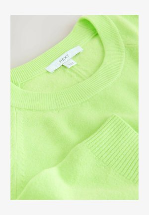 Neon zöld pulóver puha kötött anyagból, bordázott kerek nyakkivágással és ujjrészletekkel, „NEXT” felirattal.
