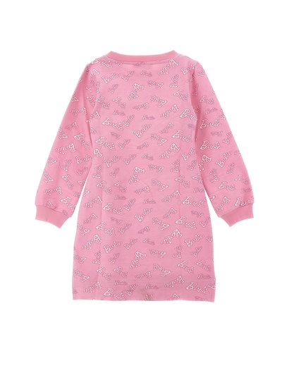 Pink long-sleeve dress with a repeating white text pattern featuring the word "Barbie." Soft fabric, rounded neckline, ribbed cuffs.