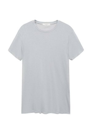 Jasnoszara bawełniana koszulka, krótki rękaw, okrągły dekolt, gładka tekstura, casualowy design, miękki materiał, bez widocznych wzorów ani akcentów.