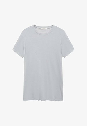 T-shirt en coton gris clair, à manches courtes, col rond, texture lisse, design décontracté, tissu doux, sans motifs ni accents visibles.