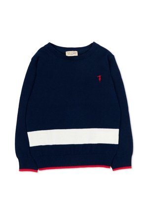 Maglione a maglia blu navy con una striscia orizzontale bianca vicino all'orlo, rifinitura rossa sui polsini e sul fondo e piccolo logo rosso sul petto.