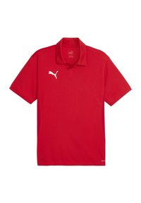 Polo roșu realizat dintr-un material respirabil cu o suprafață texturată. Dispune de un guler pliabil și un logo alb Puma pe piept.